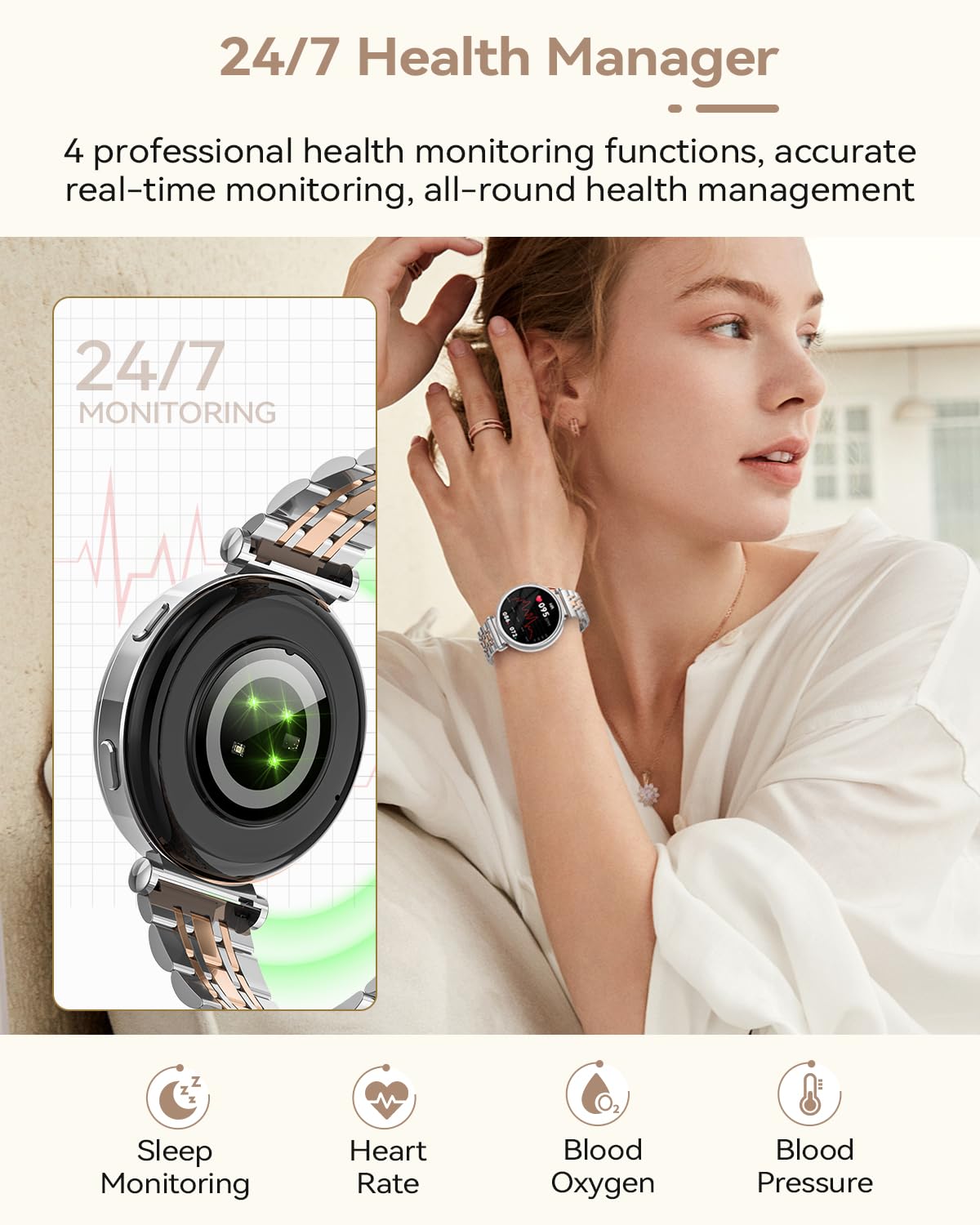Fitnynxos Smartwatch Donna, 1.27" HD Orologio Smartwatch con Chiamate, 120+ Sport, 24h Cardiofrequenzimetro Ciclo Mestruale SpO2 Sonno IP68 Contapassi Notifiche WhatsApp per iOS Android Argento Regalo