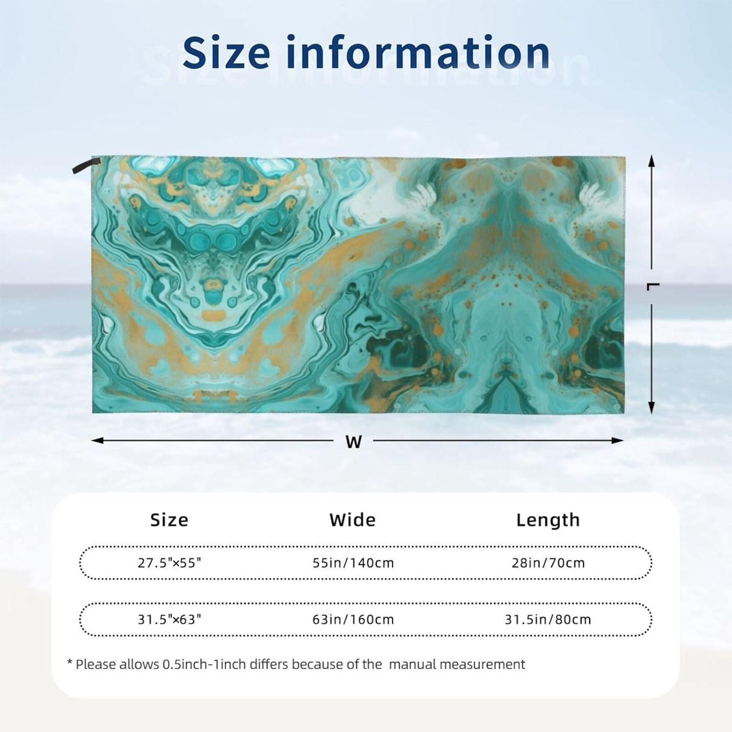 Teal and Gold Marble Printed Microfiber Towel,Camping Towel,Fast Drying Towel,Soft Lightweight for Gym,Hiking,Yoga,Backpacking