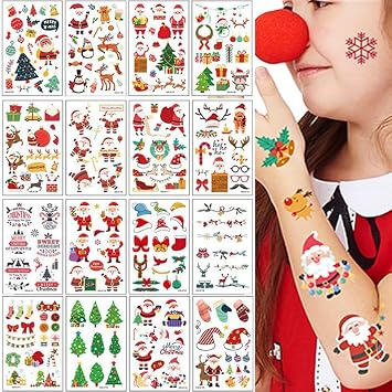 2024 Christmas Decoration, Christmas Tattoo Stickers, Face, Entire Face, Hands, Neck, Chest, Arms, Legs, Unisex, Costume, Cosplay, Kids, Cute, Face Seal, Makeup, Water Transfer, Sticker, Cute Tattoo, Accessories, Santa Tree, Santa Hat, Gift, Deer, Snowman Set of 16
