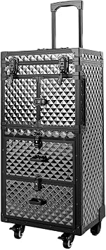 Professional Rolling Makeup Train Case - Large Lockable Hair Cutting Tools Storage Organizer Traveling Cart, Hairdressing Trolley Storage, Cosmetology Train Case on Wheels, Black