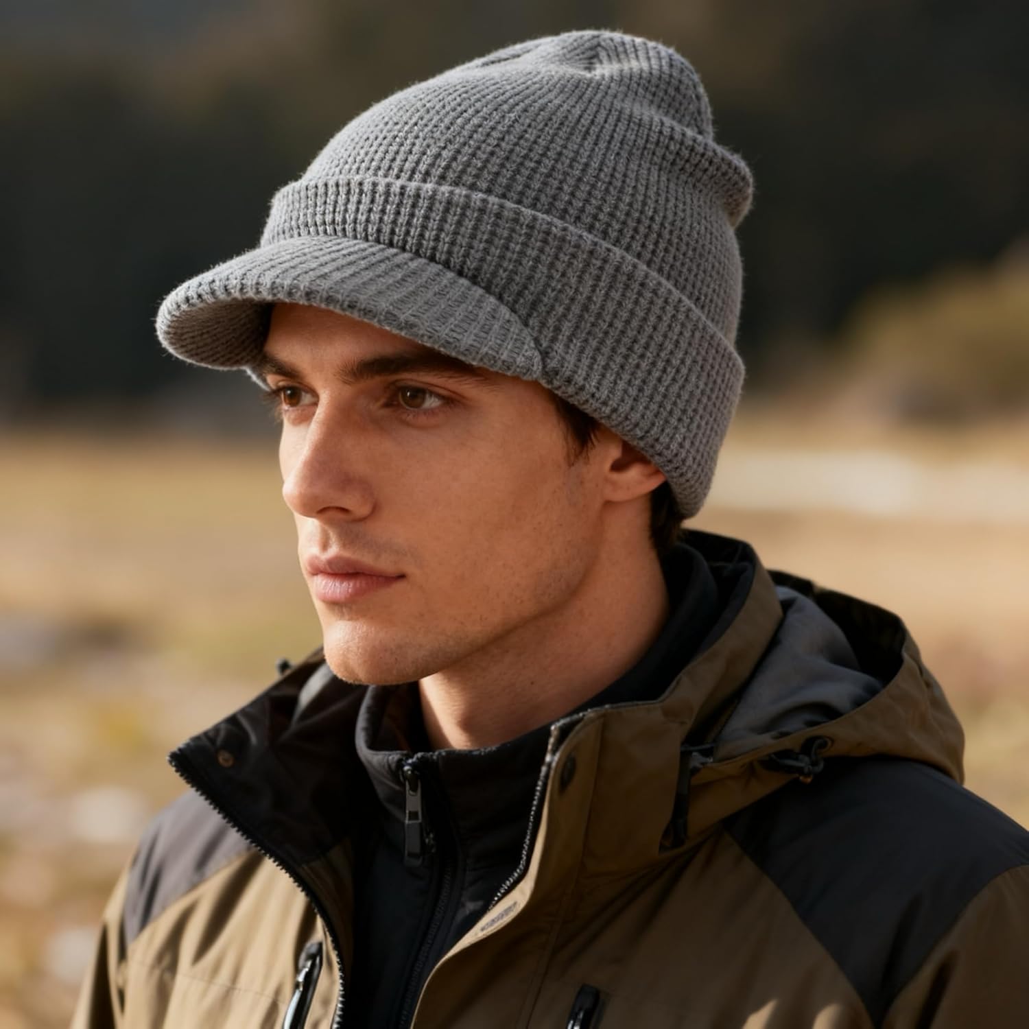 Home Prefer Mens Wool Blend Winter Hat Double-Layer Warm Knit Pre-Curve Visor Beanie Brimmed Beanies Hat for Men Women - Image 7