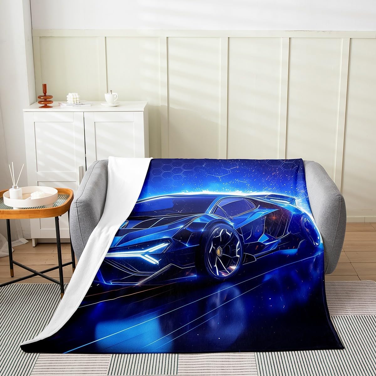 Feelyou Kids Race Car Flannel Fleece Throw Blanket Throw 50"x60" Blue Luxury Speed Car Fuzzy Blanket for Sofa Couch Extreme Sports All Season Bed Blanket Plush Blanket