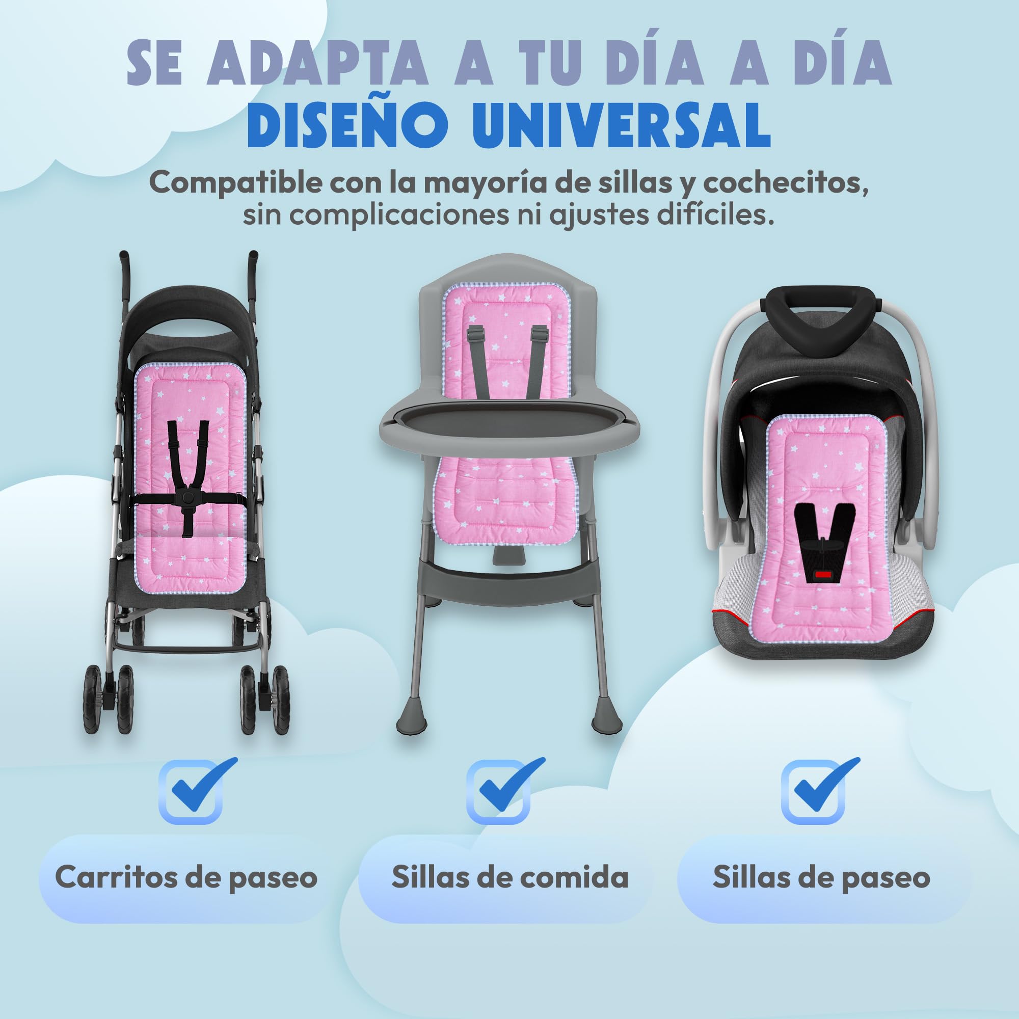 Colchoneta silla paseo universal | Reversible (2 en 1) | Transpirable | Todo el Año | Lavable | Acolchado Mayor Comodidad del Bebé. Compatible mayoría marcas. Fabricado en España (Rosa)