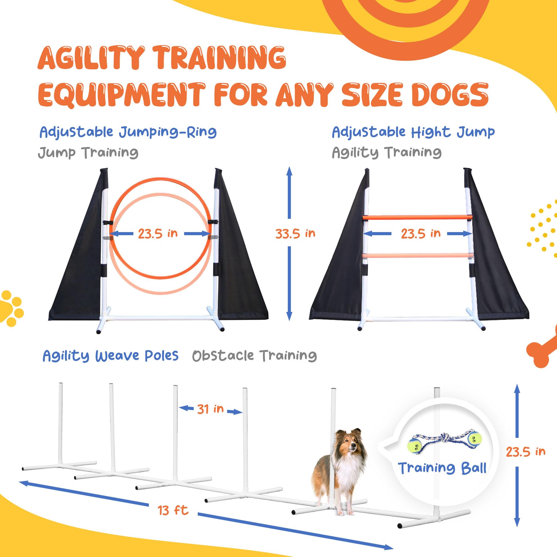 POPMOON Equipo de entrenamiento de agilidad para perros, 13 unidades de equipo de agilidad para perros | Curso de agilidad profesional para perros con saltos ajustables, túnel plegable, bola, bolsas de almacenamiento