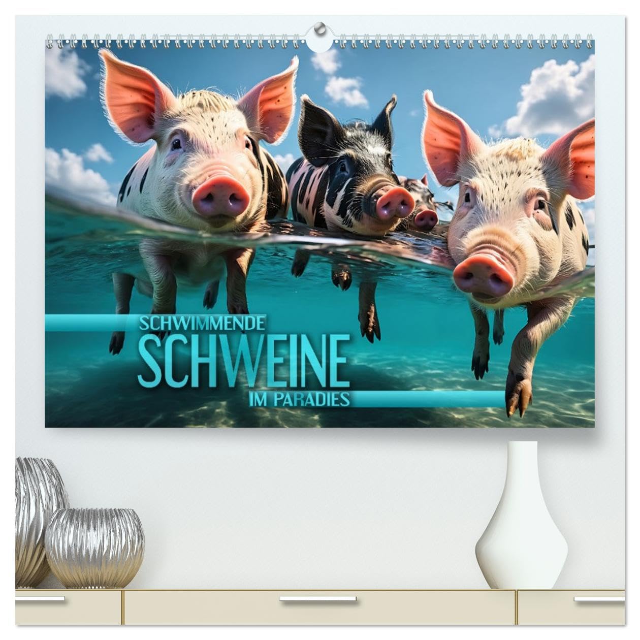 Schwimmende Schweine im Paradies (hochwertiger Premium Wandkalender 2026 DIN A2 quer), Kunstdruck in Hochglanz: Niedliche Schweinchen tummeln sich an ... in kristallklaren Gewässern (CALVENDO Tiere)