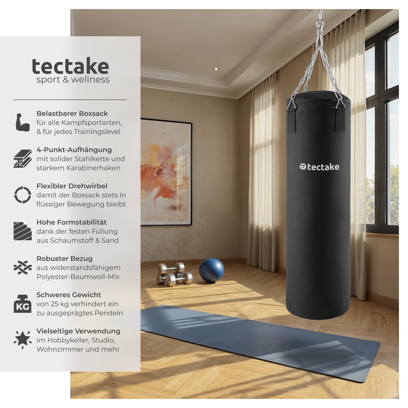 tectake® Boxsack für Zuhause, Sandsack gefüllt mit 25 kg, inkl. Boxsack Halterung 4-Punkt Stahlkette, Befestigungshaken und Drehwirbel, Fitnessgeräte für Zuhause, für Boxsport, Workout, 28 x 140 cm