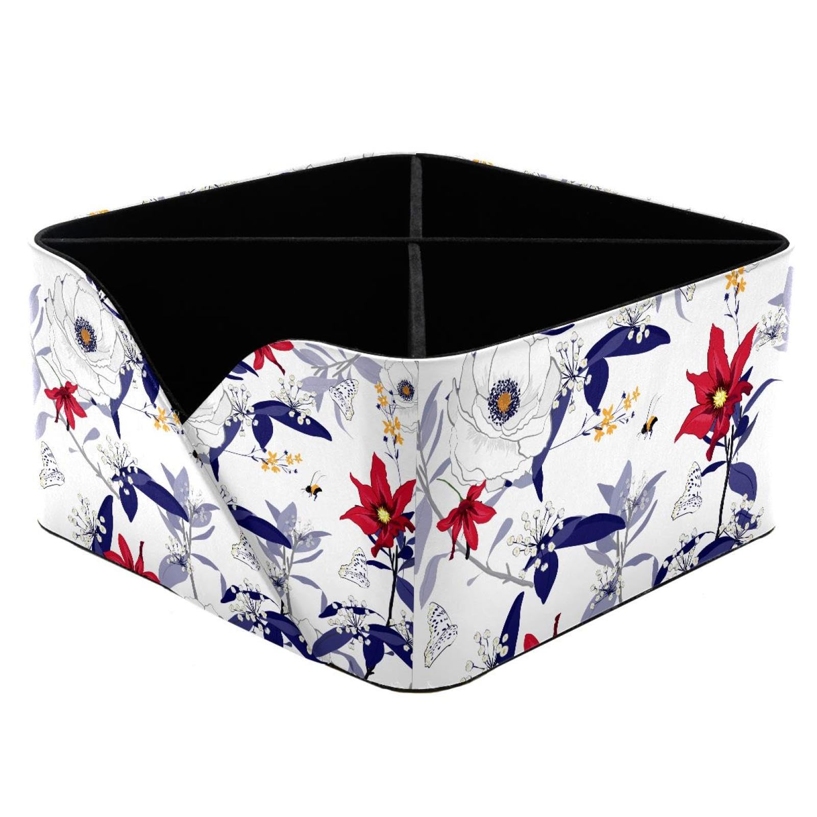 KengjuTesu Colorful Blooming Flowers Floral Leaves Painting Desktop Organizer Pen Holder, Rectangular Pencil Cup for Office, Study and Makeup Stations