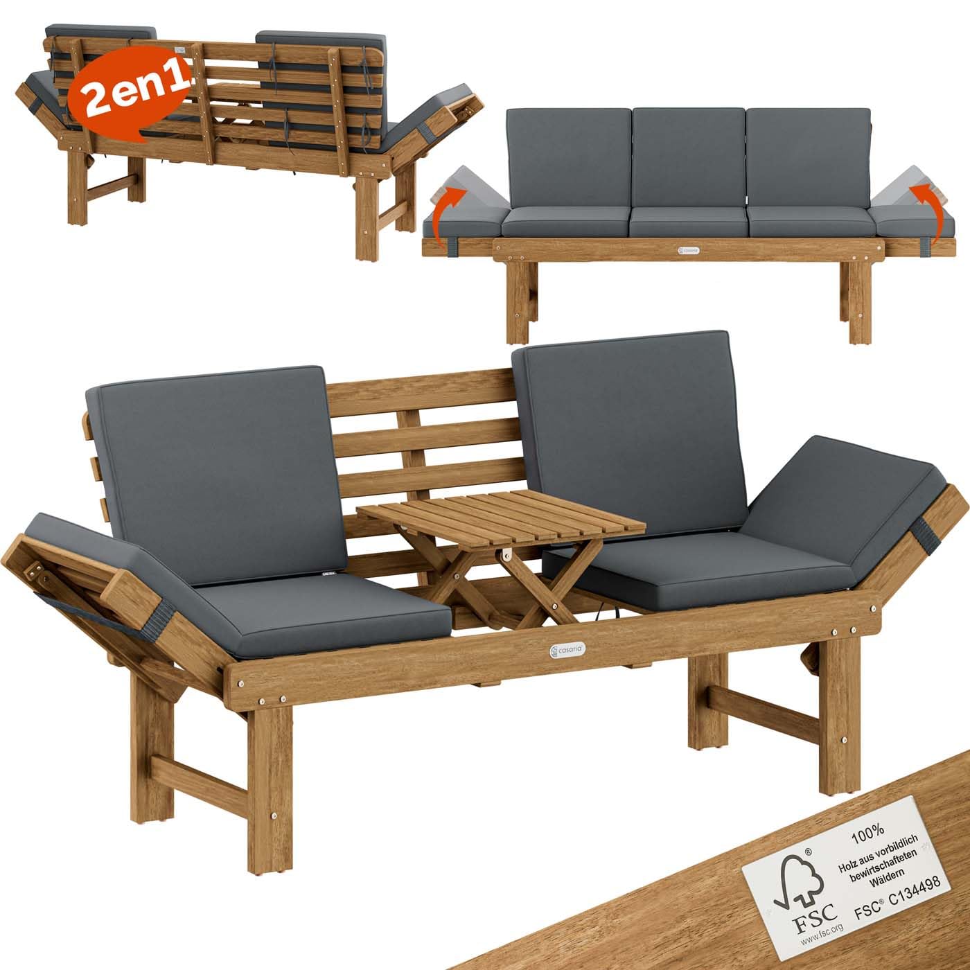 Casaria® Banc de Jardin en Bois avec Table 200x50cm résistant aux intempéries Pliable 3 Places Jardin Balcon Bain de Soleil