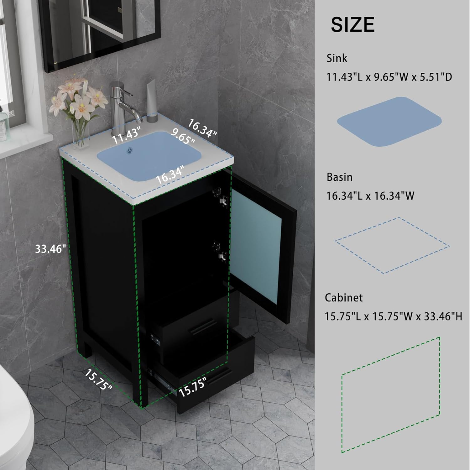 wonline 16" Bathroom Vanity Set, Single Small Bathroom Cabinet with Ceramic Sink, Modern Black Cabinet Vanity with Faucet & Pop Up Drain