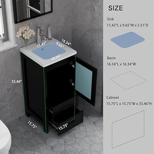 Miniatura 2 de wonline Juego de tocador de baño de 16 pulgadas, gabinete de baño pequeño individual con fregadero de cerámica, tocador negro moderno con grifo y