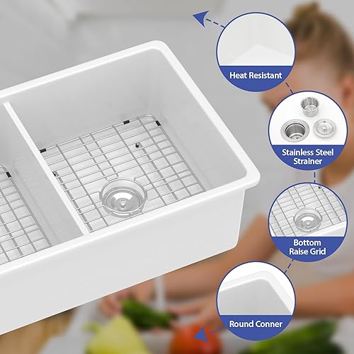 Miniatura 5 de Sarlai Fregadero de cocina blanco de 32 piezas para empotrar, doble cuenco, fregadero de cocina de 32 pulgadas, lavabo doble de 5050 dividir arcilla