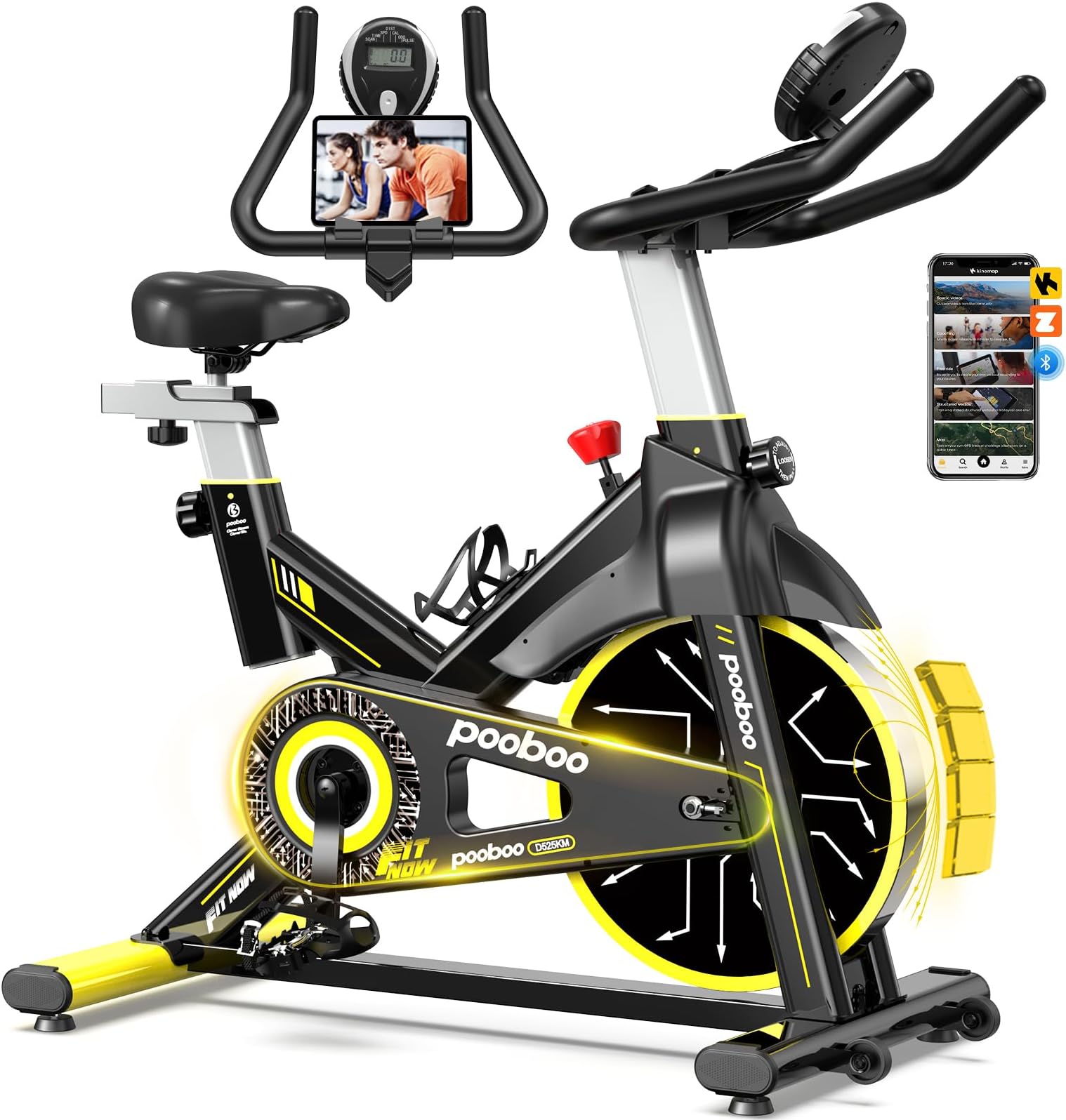 POOBOO Magnetic Exercise Bike, Quiet Stationary Bike with App and 350lbs Weight Capacity, Indoor Cycling Bike with LCD Monitor and Tablet Holder, Heavy Duty Workout Bike for Home Gym Weight Loss Fitness Bike, Adjustable Magnetic Resistance Silent Belt Driver,