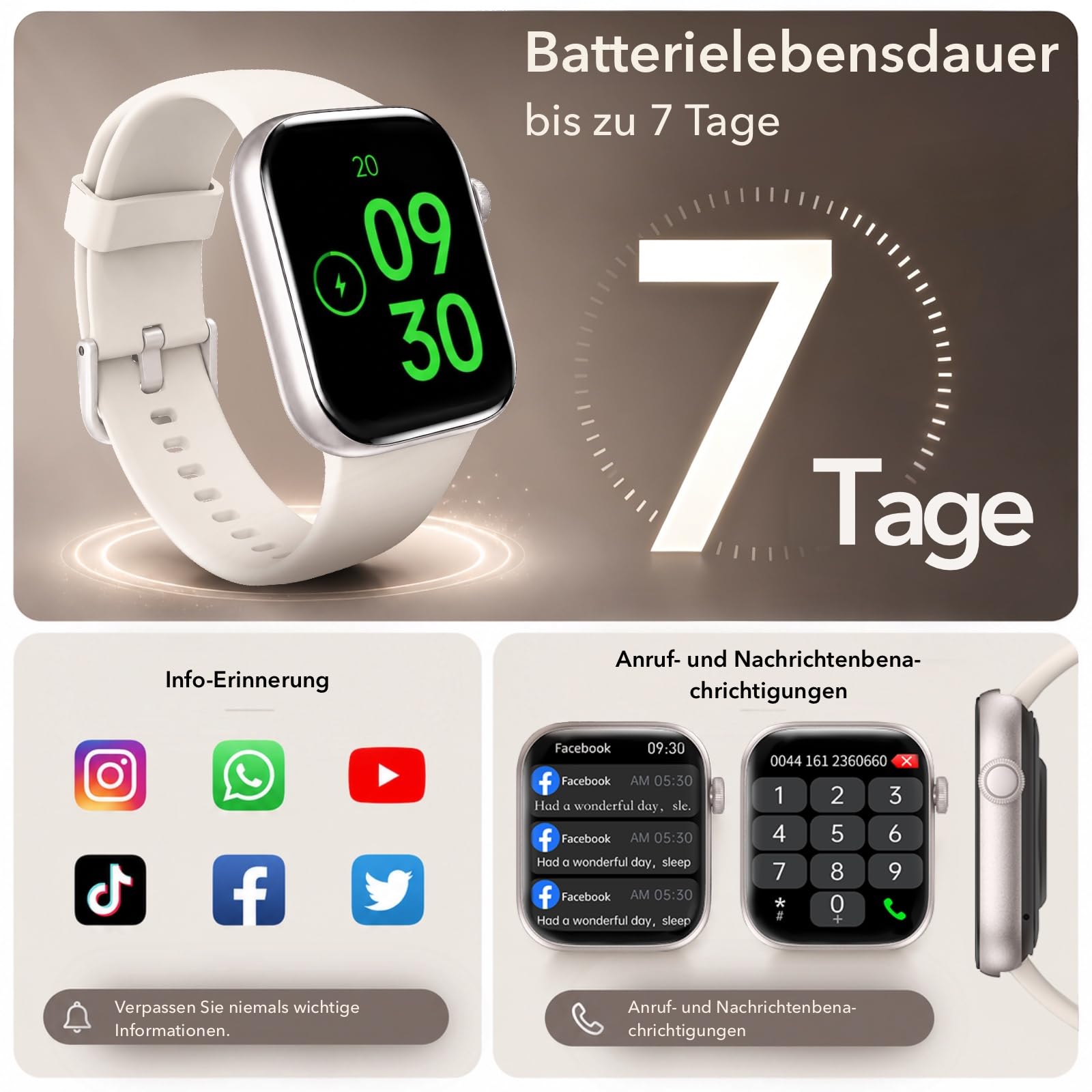Smartwatch Damen Herren 1,85" HD Touch Fitnessuhr Telefonfunktion 140+ Sportmodi Pulsmesser Schlafmonitor Schrittzähler IP68 Wasserdicht Starlight