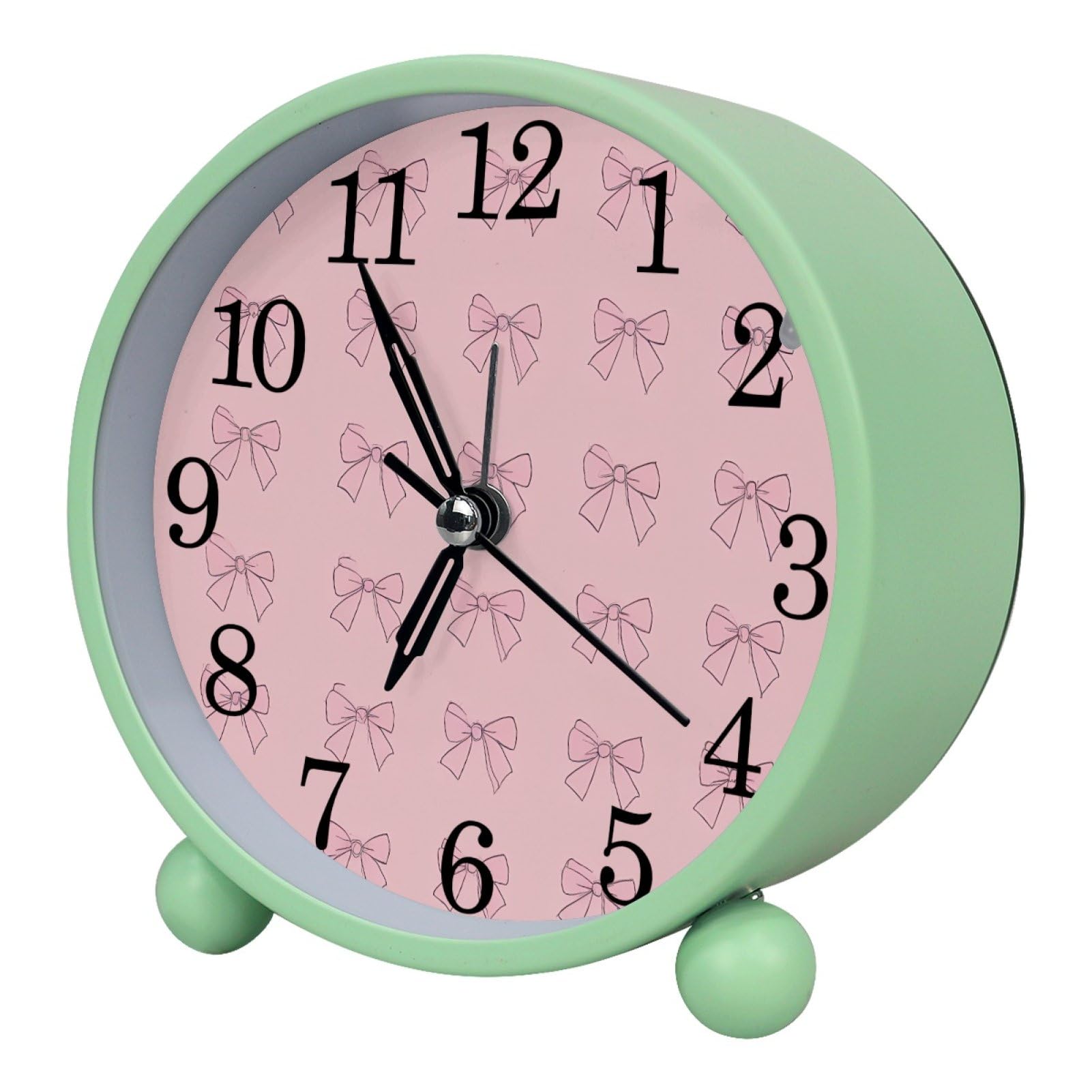 etoenbrc Bow with Pink Background Round Battery Operated Bedside Alarm Clock Non-Ticking Desktop Silent Analog Alarm Clock with Light