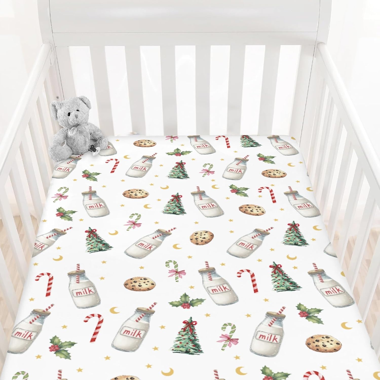 Christmas Cookie Milk Candy Cane Bows Baby Crib Sheets Cute Christmas Trees Holly Moon Stars Bed Sheets Winter Festive Holiday Fitted Crib Mattress Cover for Standard Crib Mattresses 52''x28''