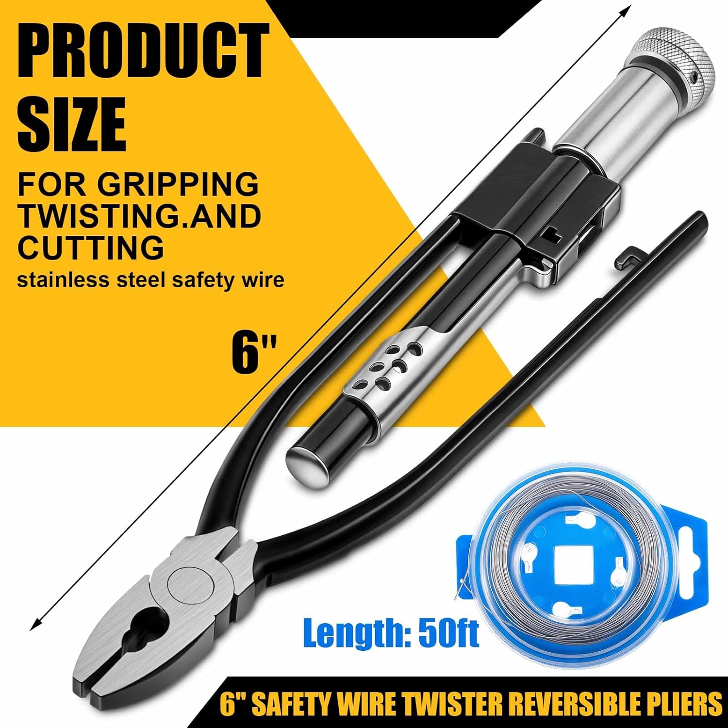 6 Inch Reversible Safety Wire Twister Pliers with 15-meter Long Steel Wire Left and Right Twists Aircraft Twisting Tool Automatic Metal Lock Twister for Aircraft Auto Industry
