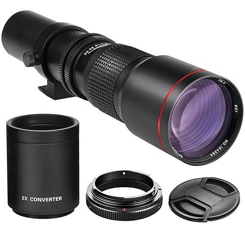 High-Power 500mm/1000mm f/8 Manual Telephoto Lens for Canon EOS 80D, 90D, Rebel T3, T3i, T5, T5i, T6i, T6s, T7, T7I, T8I, SL3, 60D, 70D, 5D, EOS5D IV, 6D II, 7D II SLR Cameras