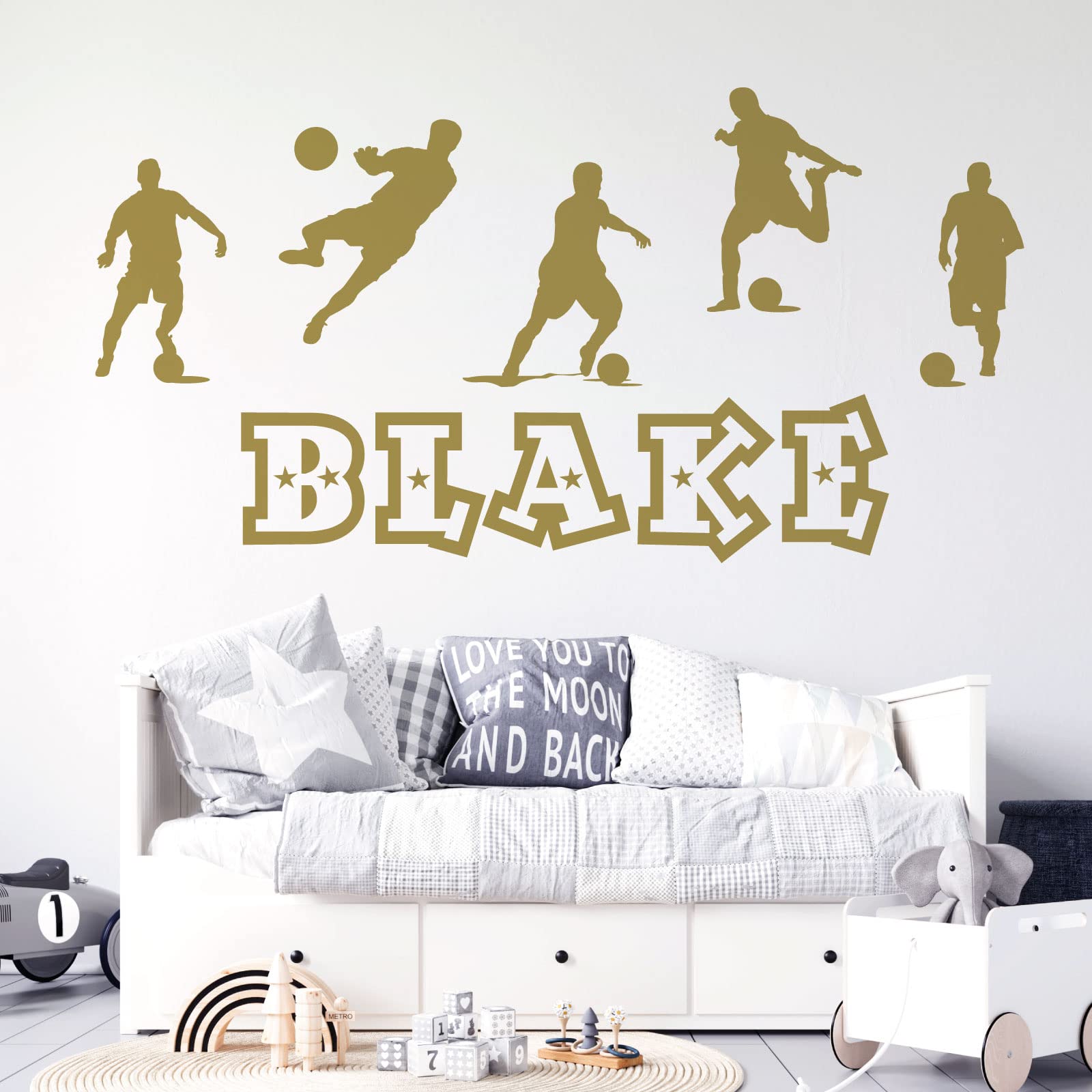 Personalised Name Boys Wall Art Sticker - Football, Soccer Game Silhouettes Theme [Medium] [Gold]