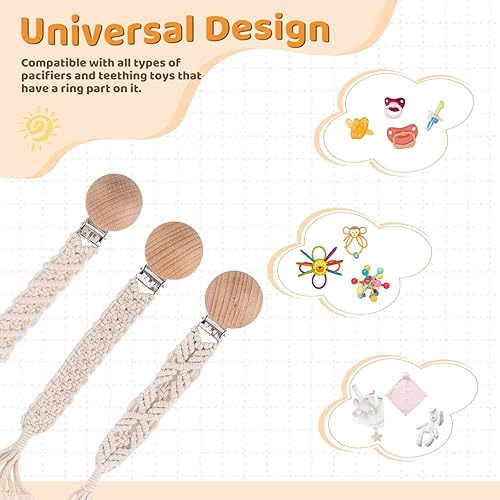 Miniatura 6 de Clip bohemio para chupete para niños y niñas, clips de madera, hechos a mano, trenzados, de algodón, unisex, para baby shower, regalo de cumpleaños,