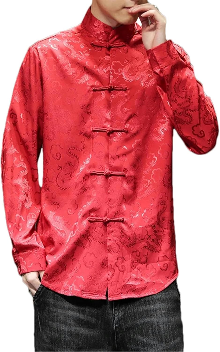 Men Chinese Style Vintage Tops Tang Suit Solid Color Traditional Long Sleeve Stand-Up Collar Shirt