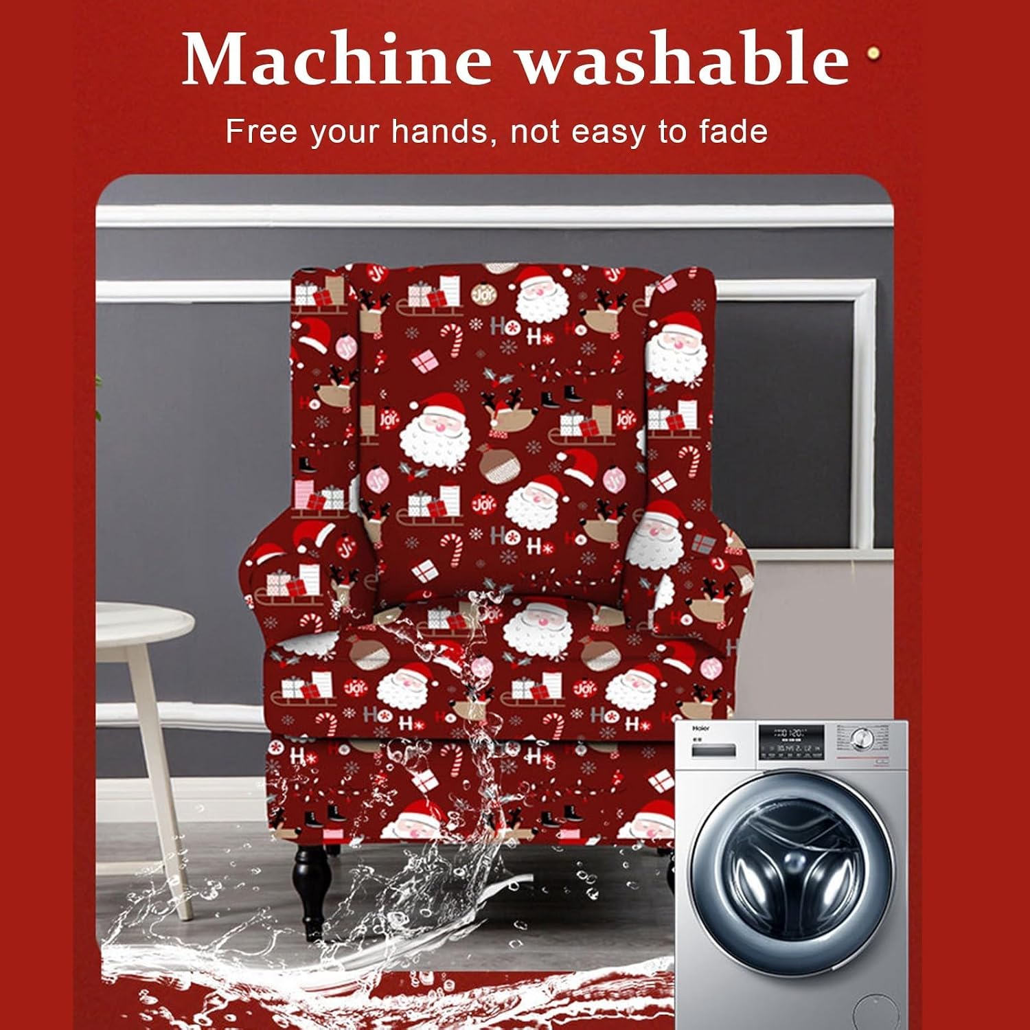 Christmas Wingback Chair Cover - Slipcover With Arms for Living Room Armchair - Washable Print