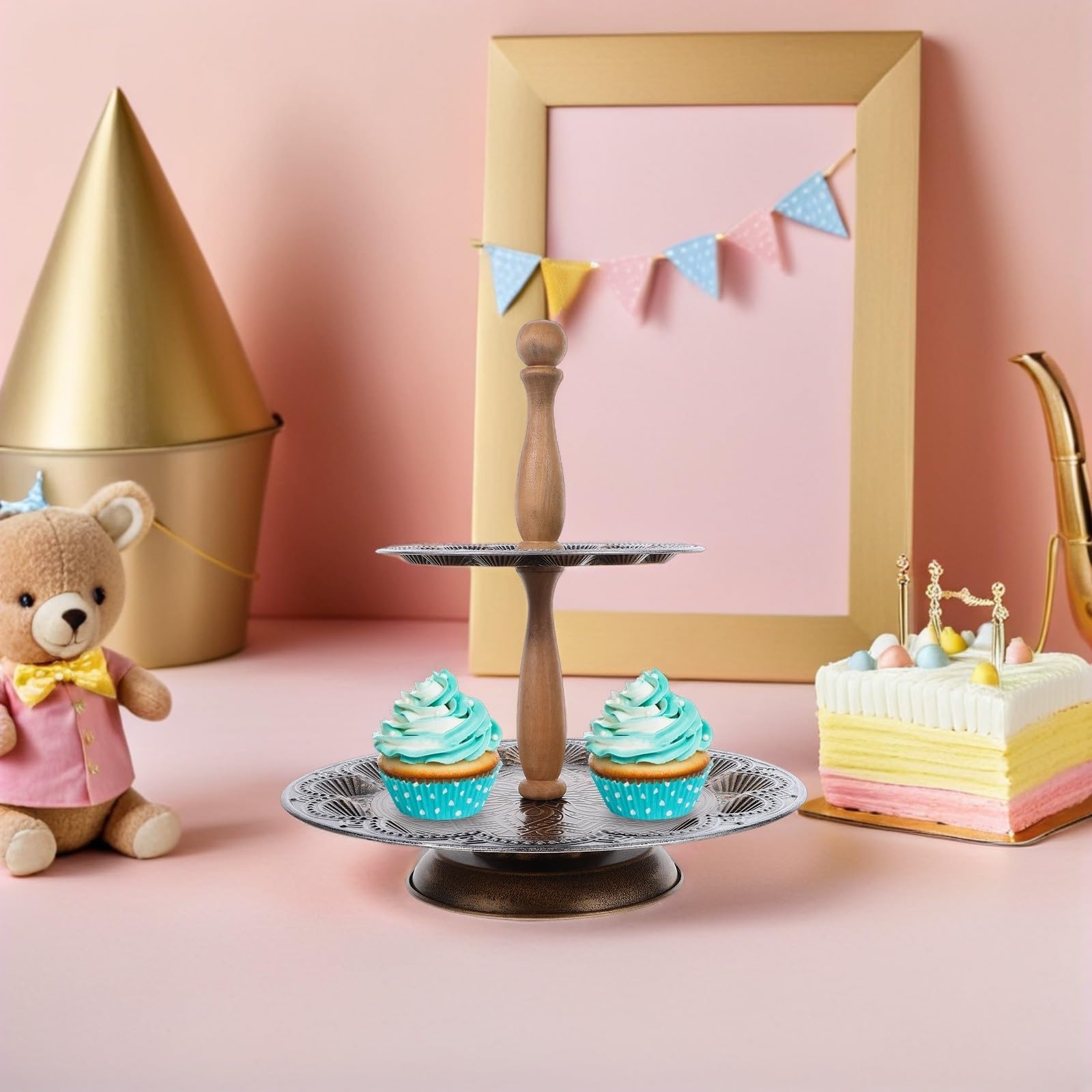 Bandeja Decorativa Rústica Diseño Desmontable de Hierro y Madera de 2 Niveles Soporte Reforzado para Bodas y Reuniones en Cocina