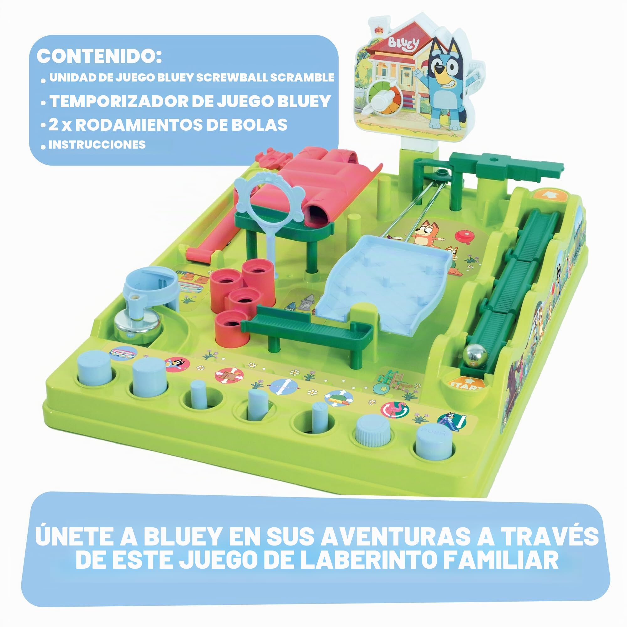 TOMY Bluey Screwball Scramble Marble Maze - Carrera de obstáculos de mesa de ritmo rápido para niños - Juegos de jardín de infantes y preescolares - Regalos Bluey para niños - 1-4 jugadores - A partir