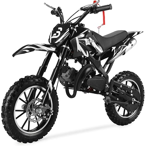 49cc Kids Dirt Bike, 2-Stroke Gas Powered Dirt Bike, Motorcycle with Off-Road Tires, Front/Rear Disc Brakes, Shock Absorption, Soft Seat Cushion, Mini Dirtbike for Kids 8-14, White