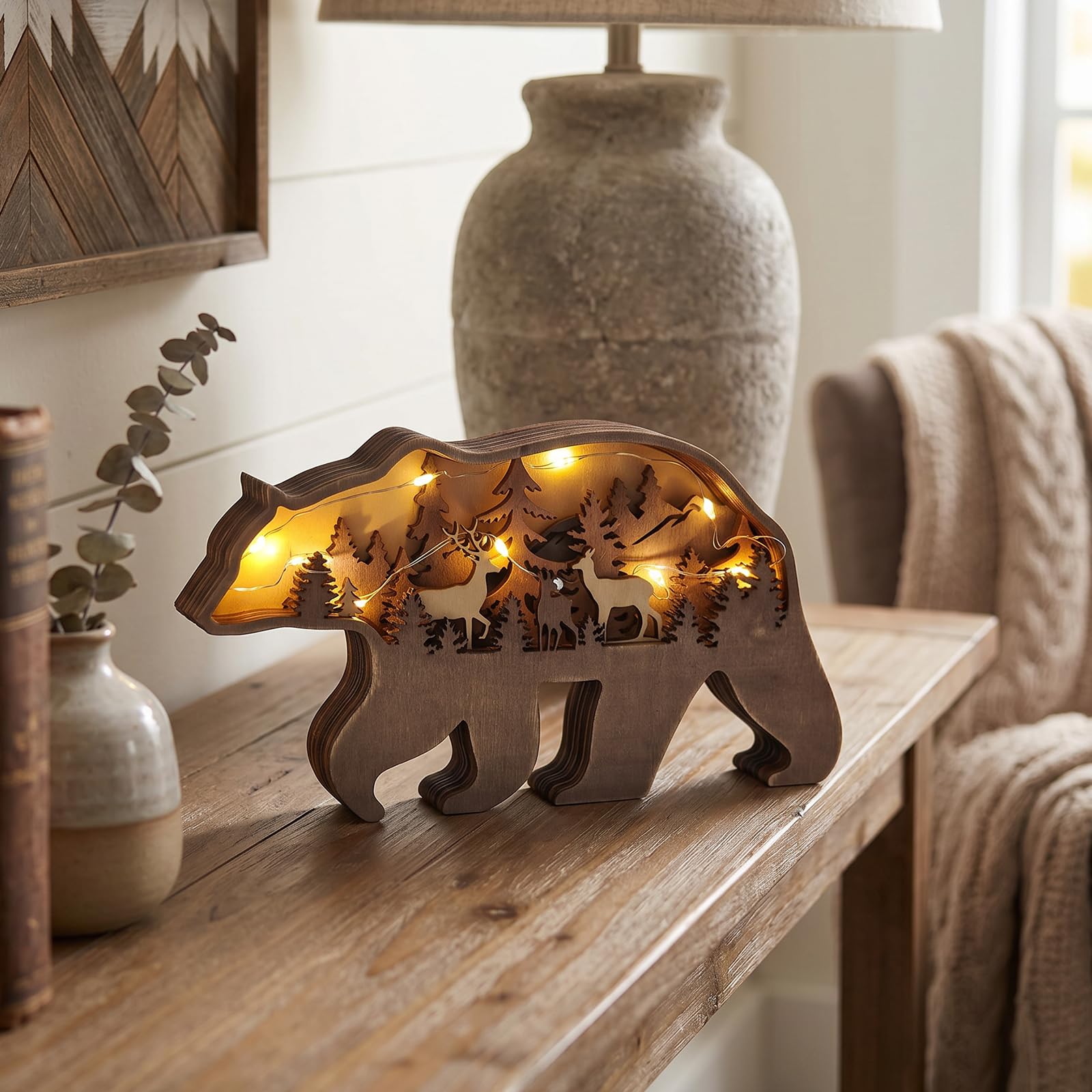 Drawelry Lámpara 3D de madera tallada en forma de animales - Decoración de interior - Oso lindo - Familia de elefantes - Idea de regalo para Navidad, salón, oficina - Luz nocturna LED cálida - Regalo
