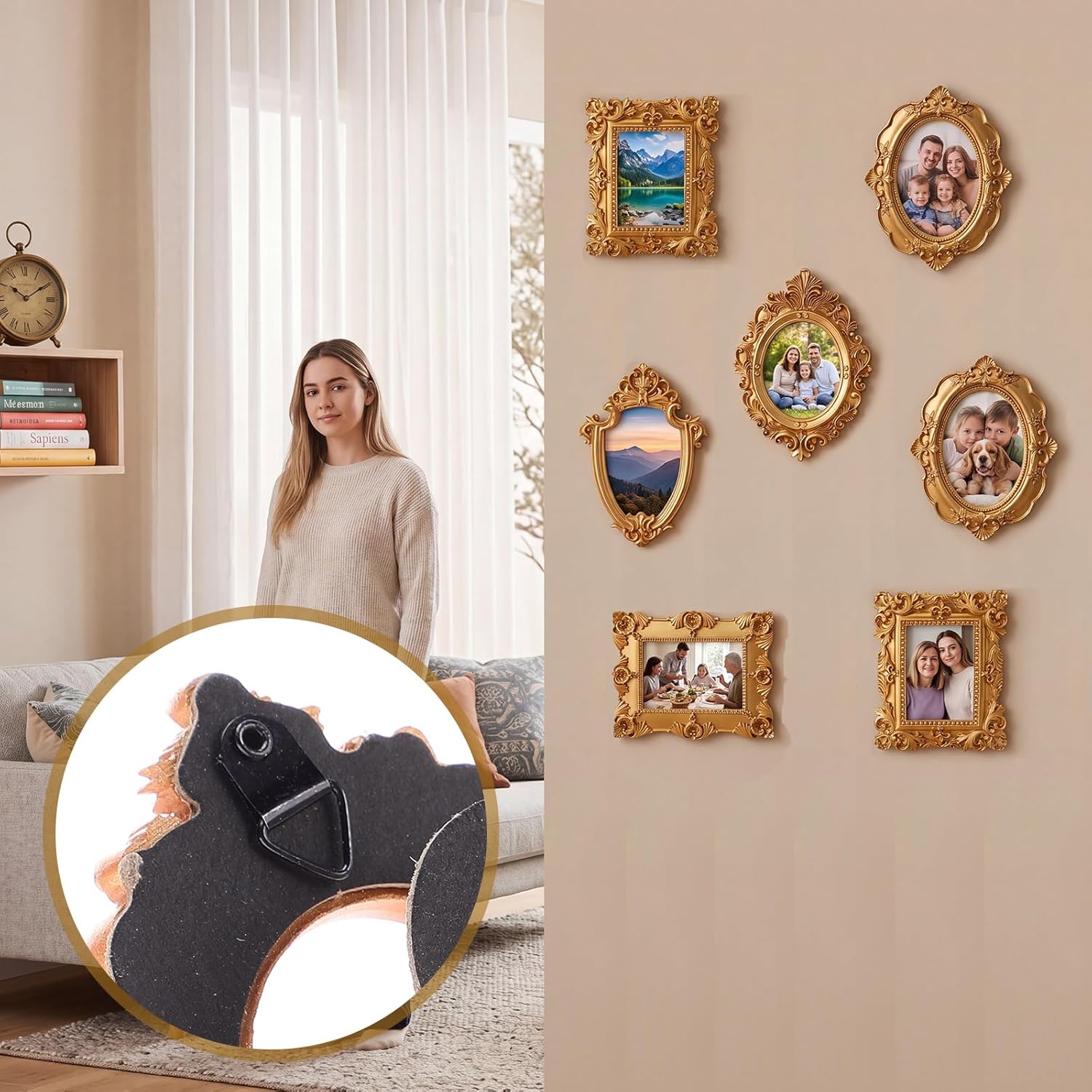 Condition photo showing New/Like New for sabary 12 pcs mini vintage magnetic frames small vintage picture frames fridge magnets refrigerator decorations for gallery wall photo display christmas decor (gold,fashion) 12 gold fashion
