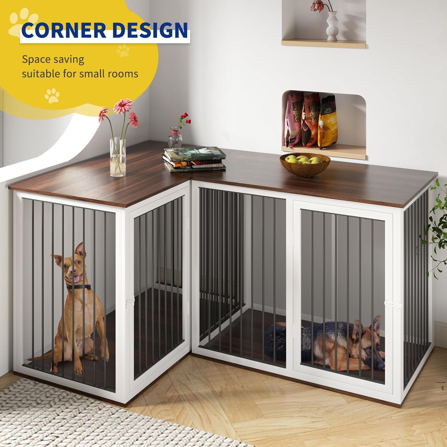 Dog Crate Furniture for 2 Dogs, 79.1" Large Dog Kennel Furniture with Dividers and Double Doors, All Steel Frame Double Dog Crate, 41.7" L X 22" W X 30.3" H, 37.4" L X 22" W X 30.3" H (White)