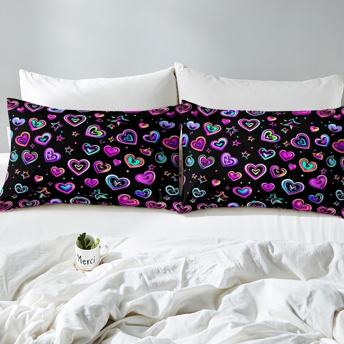 Feelyou Kids Colorful Love Pattern Sheet Set King Size Love Heart Bed Sheets Set Boys Girls Stars Printed Sheets with Deep Pocket Fitted Sheet Valentine's Day Bedding Set