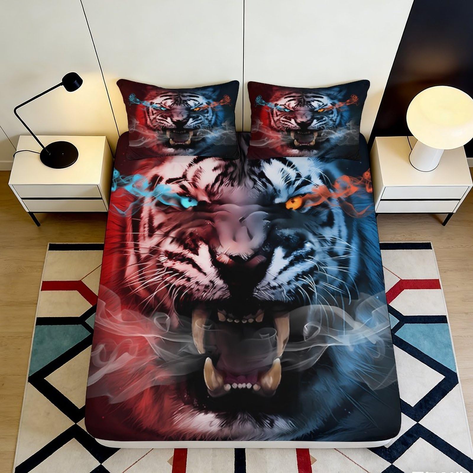 3D Printed Fierce Tiger Fitted Sheet Microfiber Soft Breathable Wild Animal Bed Cover for Bedroom Dorm Decor Mattress Protection 90x200x25cm