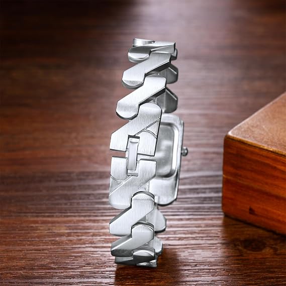 JewelryWe Pair of Watches Rectangular Partner Watches Analogue Quartz Couple Wristwatch Friendship Watch Men Women Casual Watch with Zigzag Metal Strap and Square Dial Gold/Silver