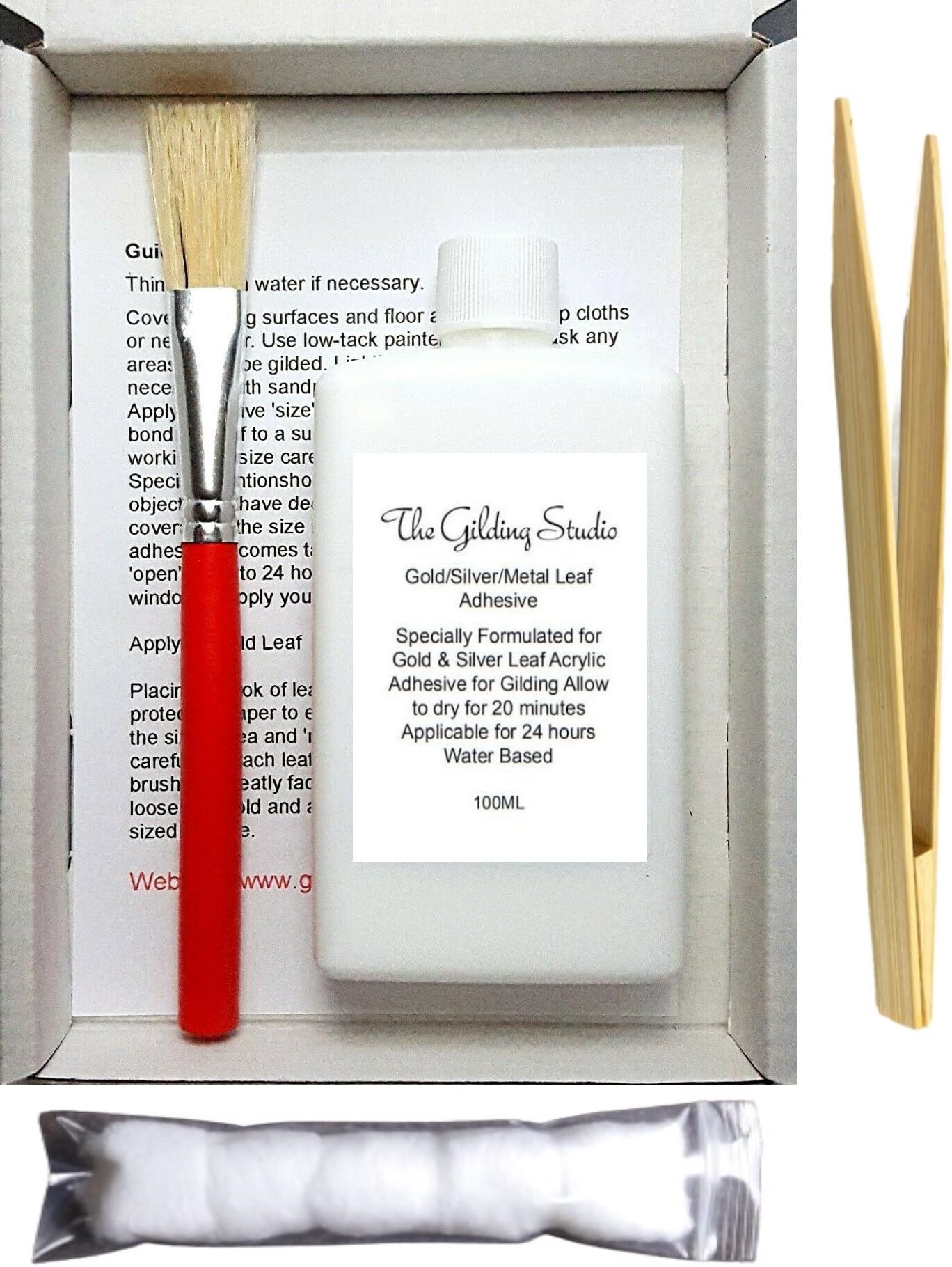 Gold Leaf Gilding Adhesive Water based Acrylic Glue Size for Gold Silver & Metal Leaves & Flakes 100ml. Anti Static Tweezers & Cotton Wool for Polishing Furniture Art Deco & Paintings Paste.