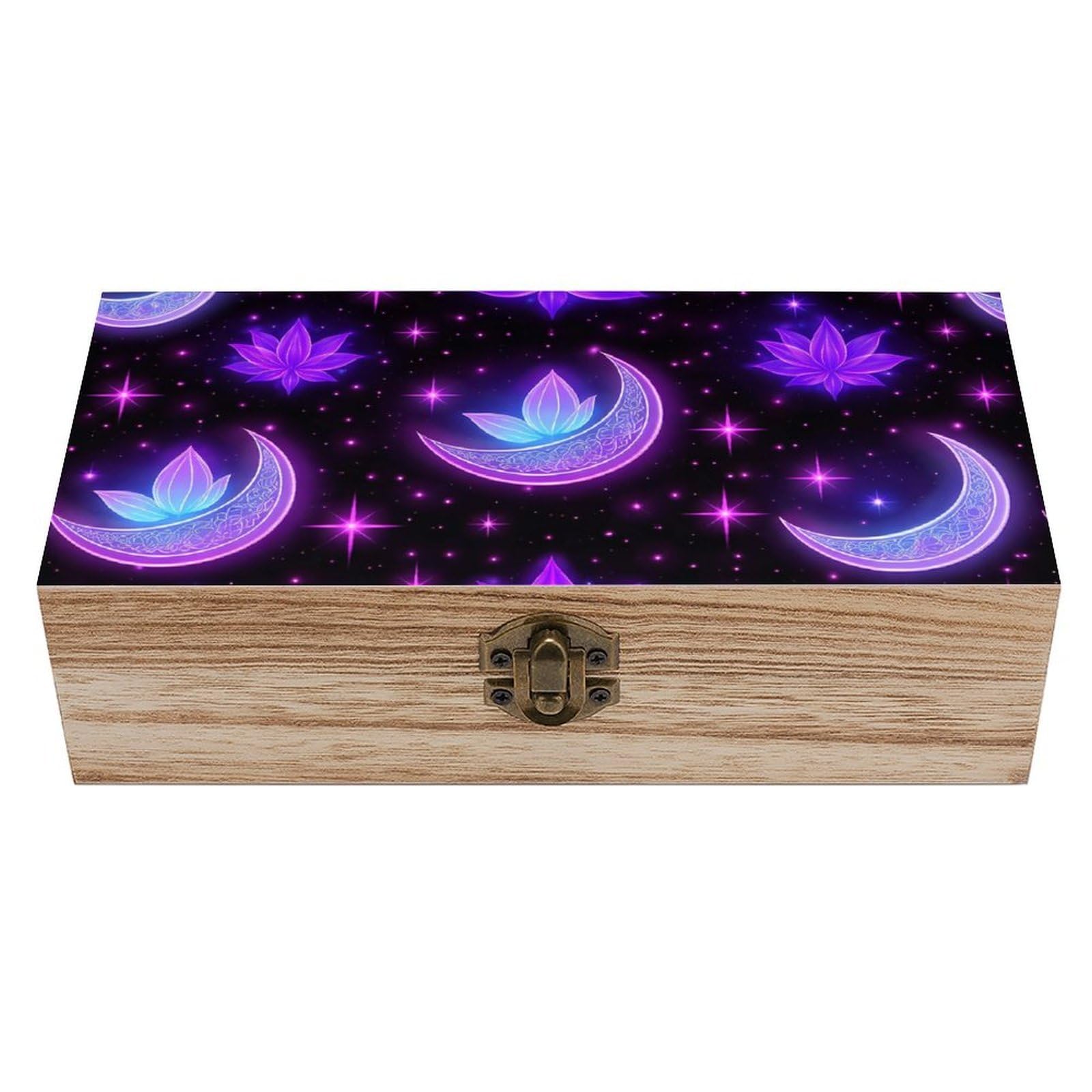 SMAZDFXX Trippy Purple Goth Moon Crystals Black Sky Wooden Storage Box With Hinged Lid Decorative Front Clasp Keepsake Boxes