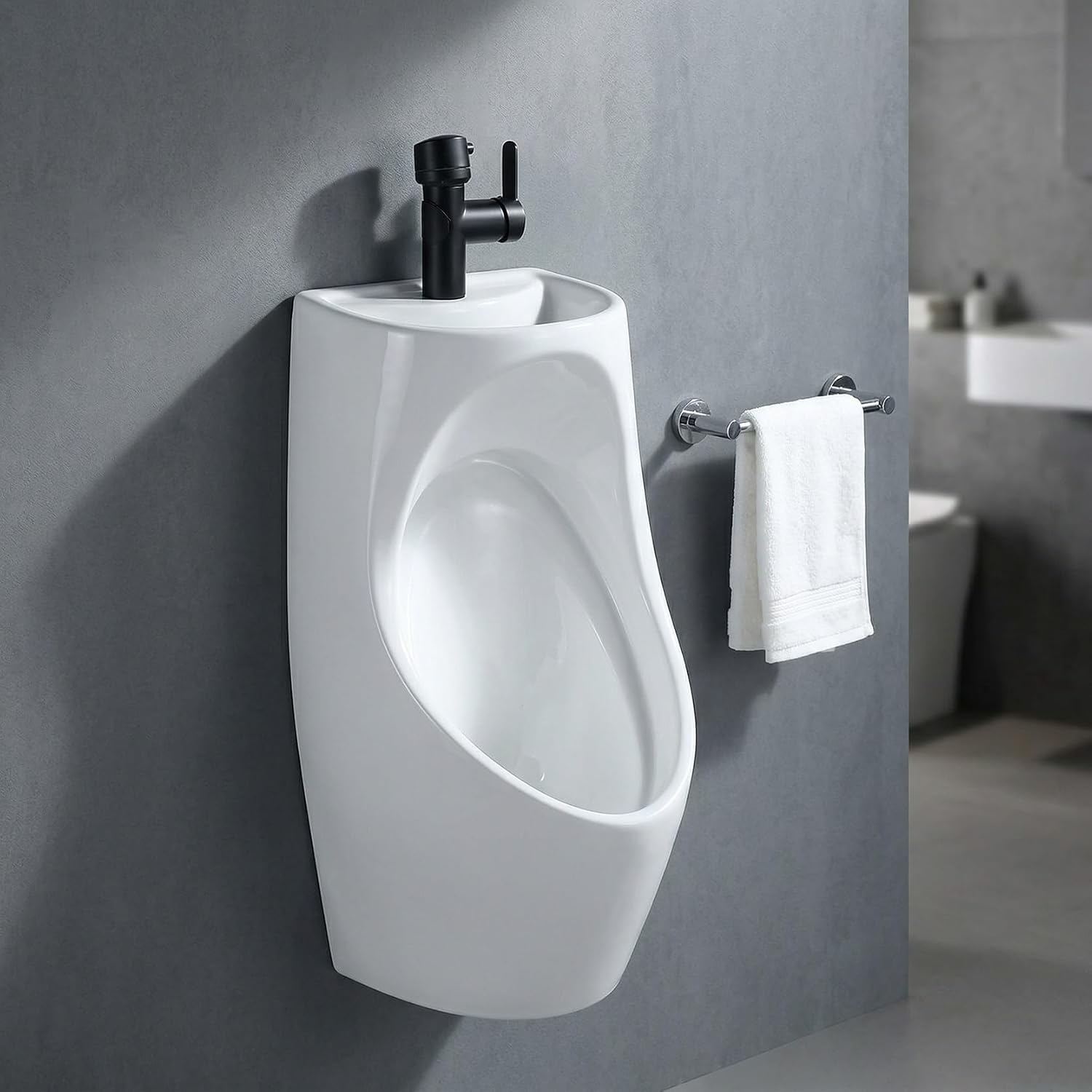 Ceramic Urinal with Sink and Faucet, Water-Saving Integrated Men's Urinal for Bathroom, Flush Male Urinal with Pull-Out Tap, Wall/Floor Drain for Home & Commercial Use