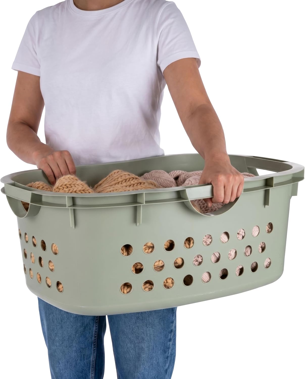 IRIS USA Plastic Laundry Basket 1.5 Bushel (50L), Large Clothes Hamper with Ventilation Holes, Built-In Handles & Hip Hold, Laundry Organizer for Bedroom, Bathroom, Dorm, Sage Green
