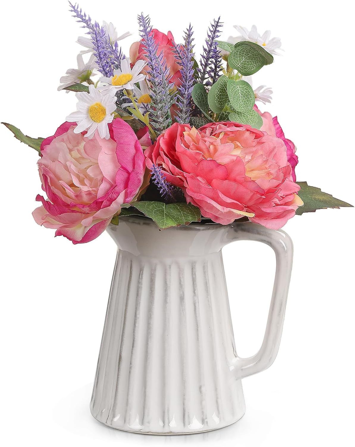 Pink Peonies Artificial Flowers with Ceramic Vase, Realistic Faux Silk Peonies Flowers Centerpieces Decoration for Home and Office, Table Bedroom Dining Room, Wedding Decor
