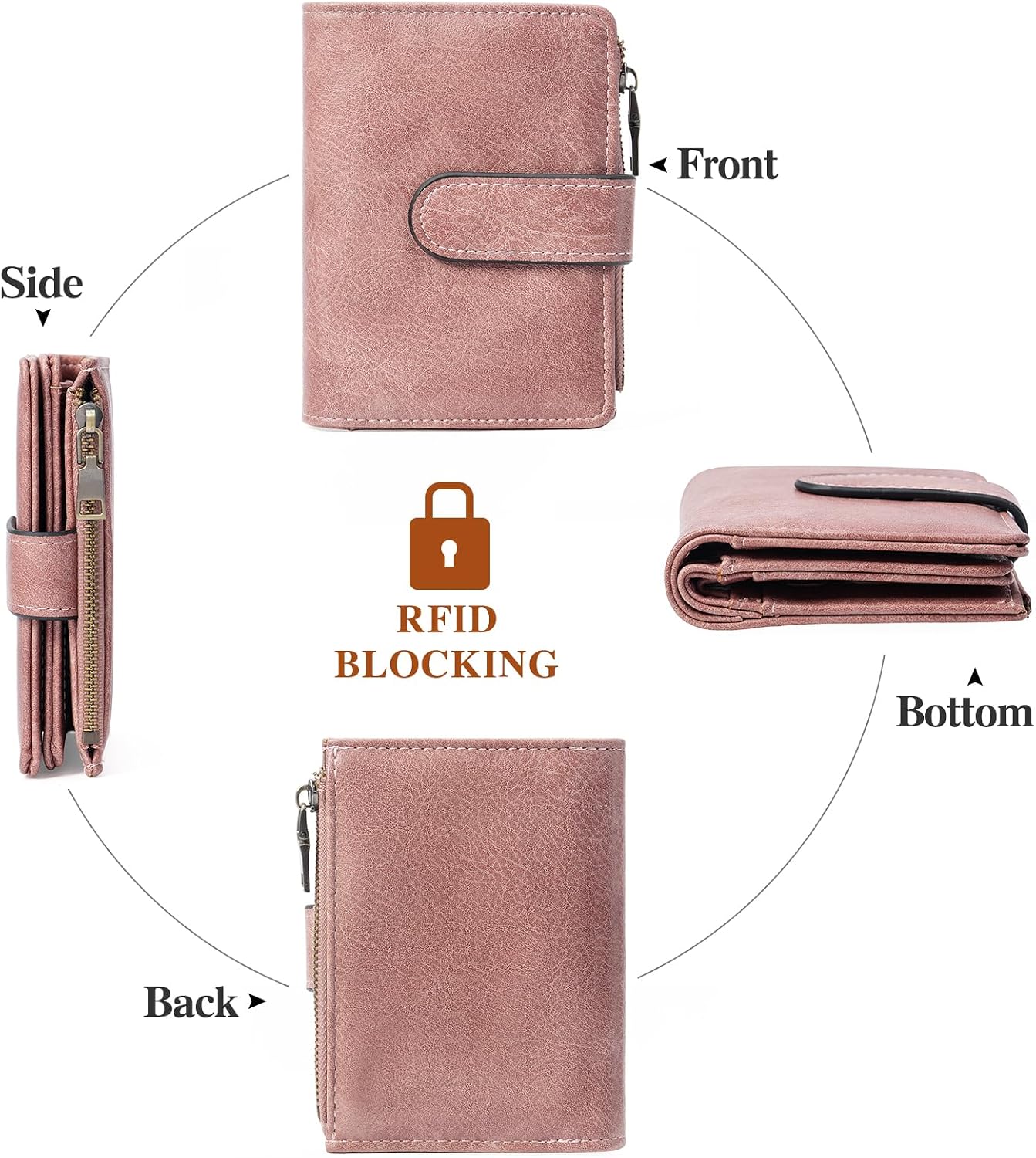 GOIACII Small Wallet Women RFID Blocking Trifold Clutch Ladies Credit Card Holder Zipper Pocket Wallets for Women Pink