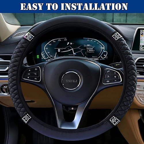 Miniatura 6 de Funda de cuero suave para volante de automóvil, universal de 15 pulgadas, con diamantes de imitación coloridos antideslizantes y elásticos para la
