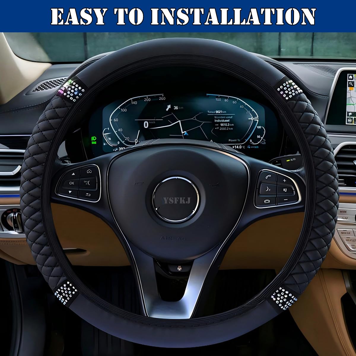 Soft Leather Car Steering Wheel Cover, Universal 15 Inch Colorful Rhinestones Anti-Slip Elastic Steering Wheel Covers for Most Cars, Sparkly Crystal Diamond for Women Girls (Black)