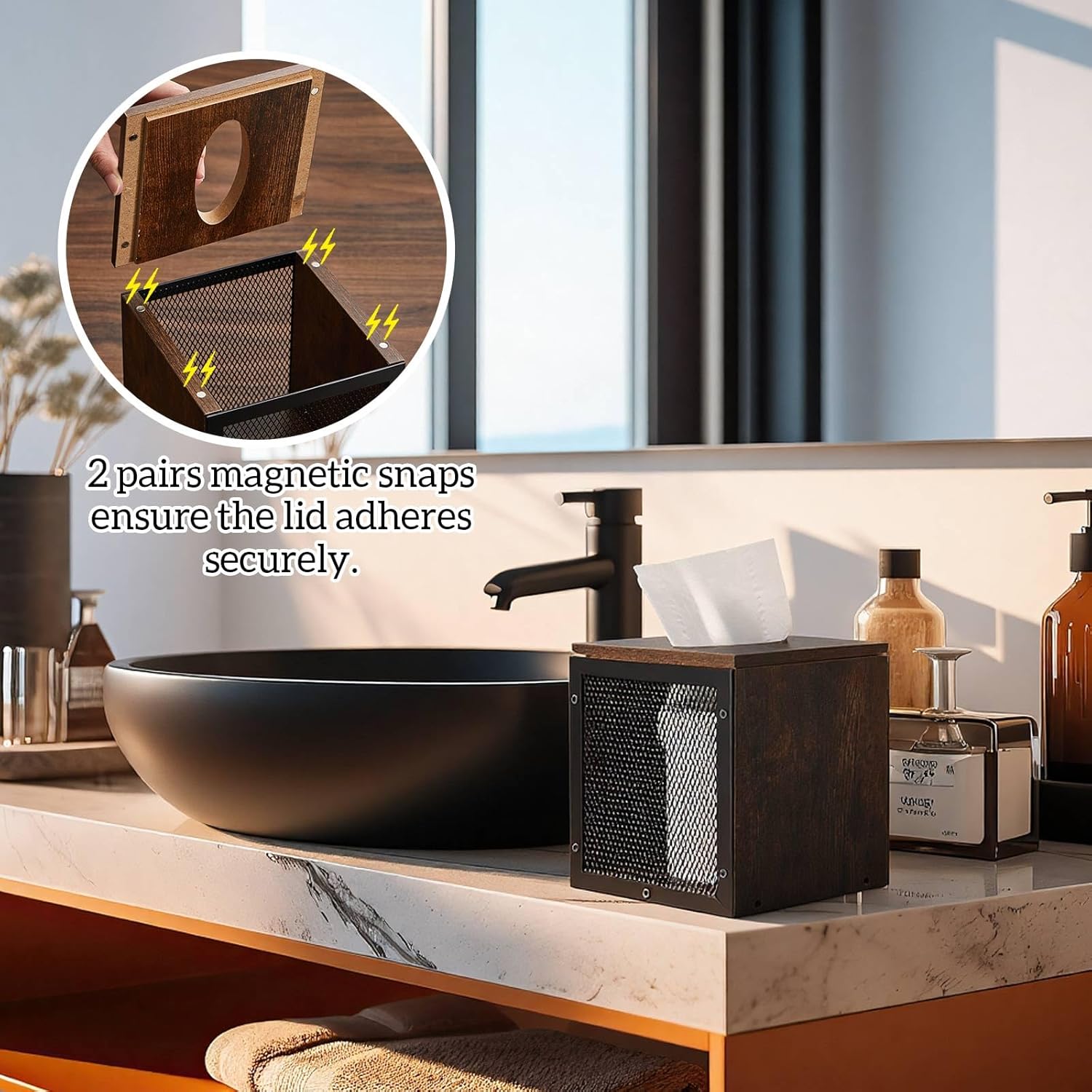 4.5 Gallon Retro Office Trash Can, Iron and Wood Combination Bedroom Garbage Can and Retro Tissue Box Set Rectangular Design Wastebasket with Handle, Industrial Style Trash Basket for Home Office