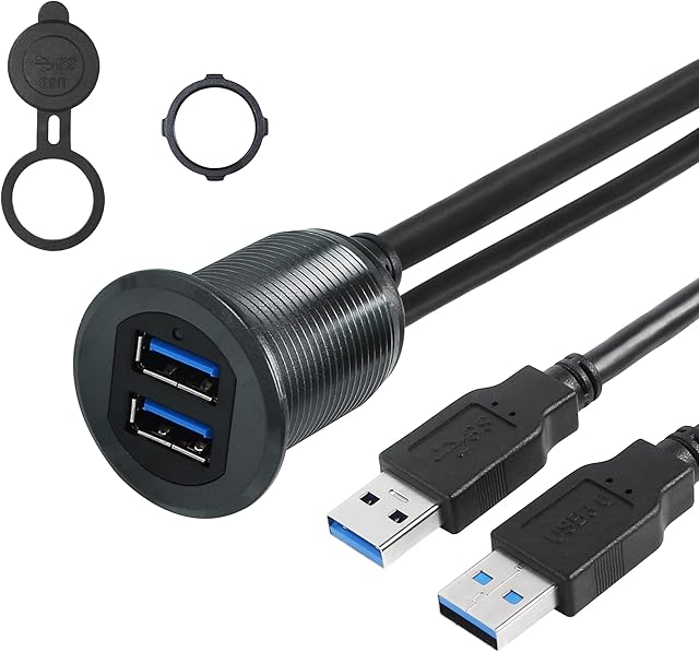 SinLoon Dual USB 3.0 Flush Mount Cable 3FT 2 Ports Male to Female Round Mount Extension Cable with Light for Car Truck Boat Motorcycle Dashboard