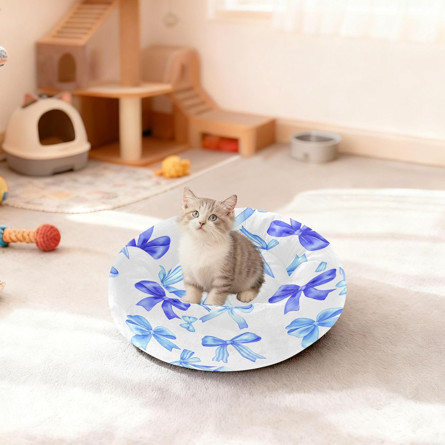 Dog Bed Ultra Soft Fluffy Comfortable Cat Bed, Blue Bows Washable Dog Beds Anti-Slip Round Pet Beds for Medium Dogs