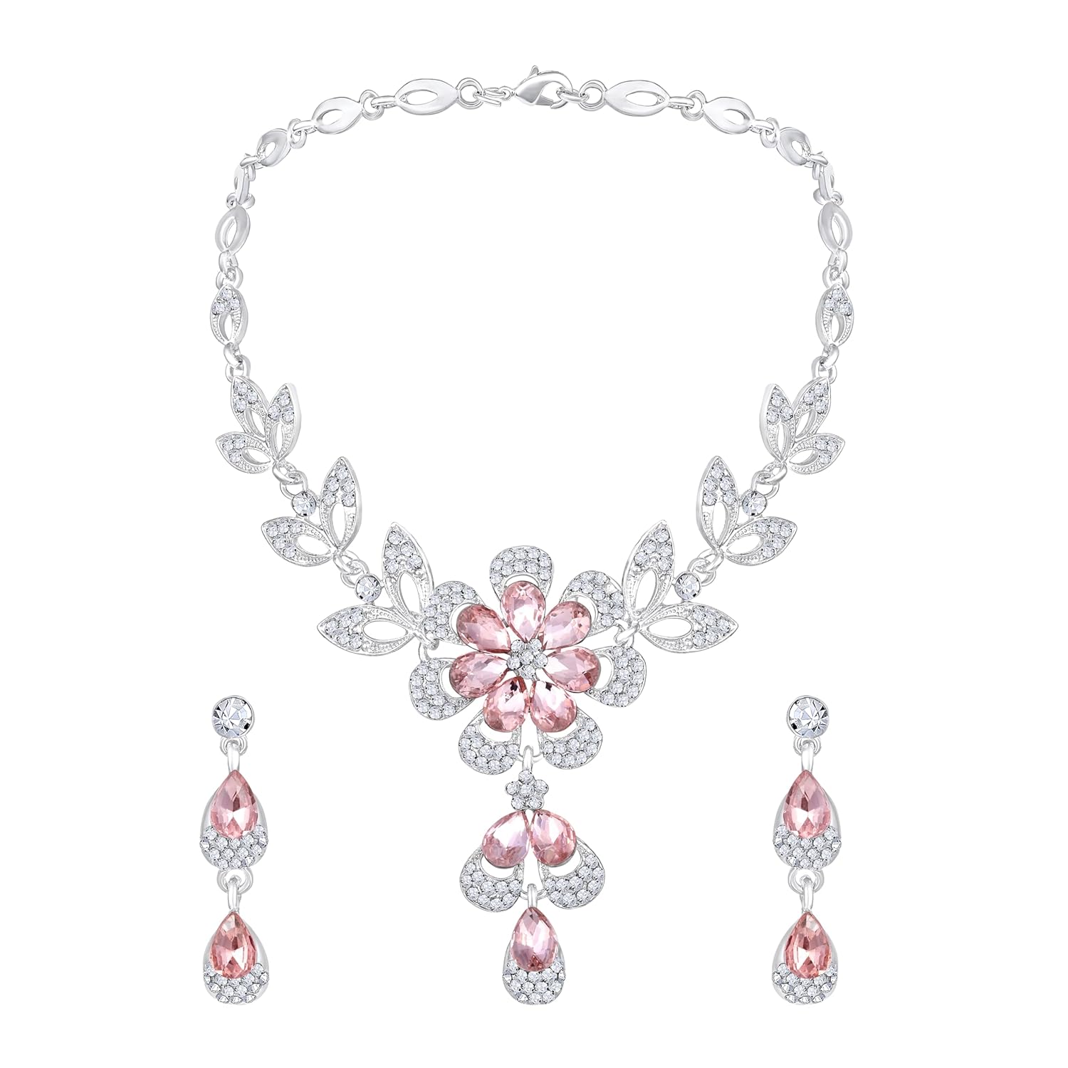 Atasi International Silver Plated Crystals American Diamonds Alloy Necklace Set with Earrings for Women | Stylish Jewellery for Party, Wedding, and Festive Occasions