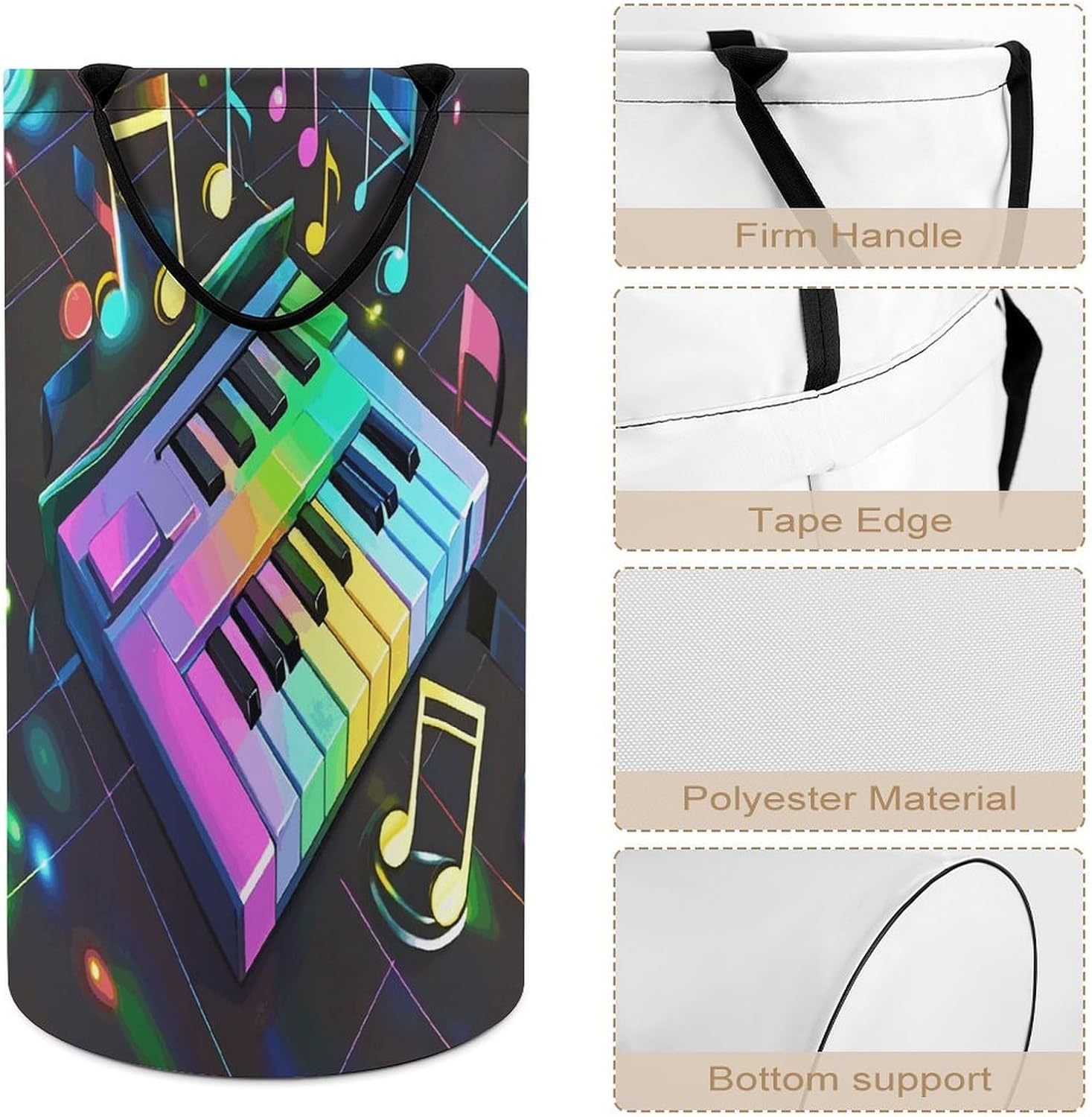 Colorful Piano Keyboard Music Note Laundry Hamper Foldable Clothes Storage Basket Fashion Clothes Hampers with Handles Waterproof Large Dirty Laundry Hamper for Bathroom Bedroom