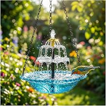 Solar Hanging Humming Bird Bath Fountain with Pump, Glass Bowl Cascading Water Fountain Solar Powered Outdoor Bird Bath for Garden Patio Yard Blue