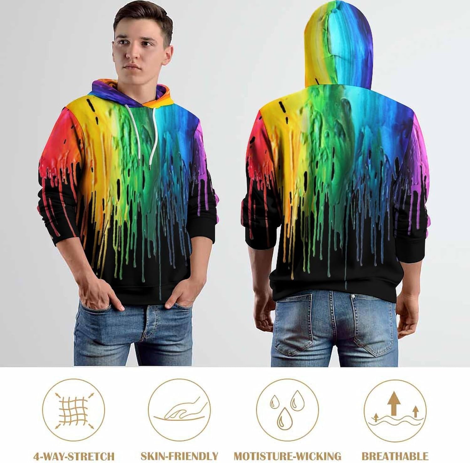 Black Rainbow Paint Pullover Hoodie 3D Novelty Graphic Hooded Sweatshirt Hoodies for Men Women - Image 4