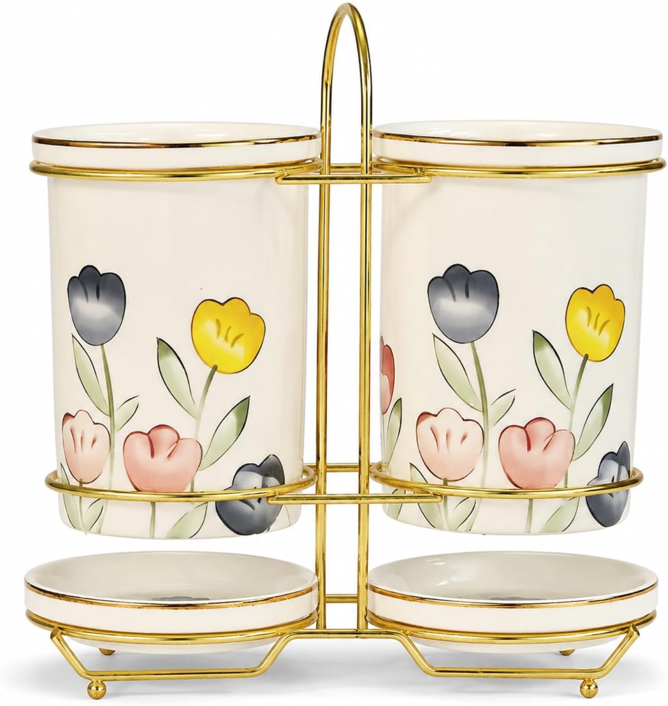 Ceramic Utensil Holder Caddy Cutlery Drying Rack Luxury Floral Gold